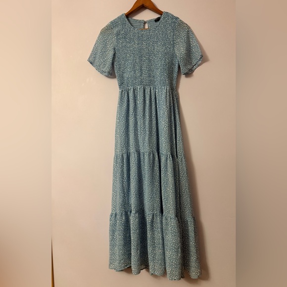 BTFBM Dresses & Skirts - Light Blue Floral Tiered Maxi Dress with Short Sleeves